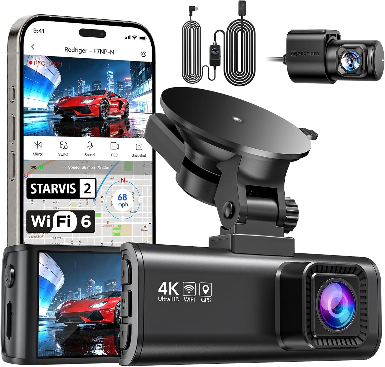 REDTIGER F7NP-N+OBD 4K Front & 1080P Rear Dash Cam with GPS