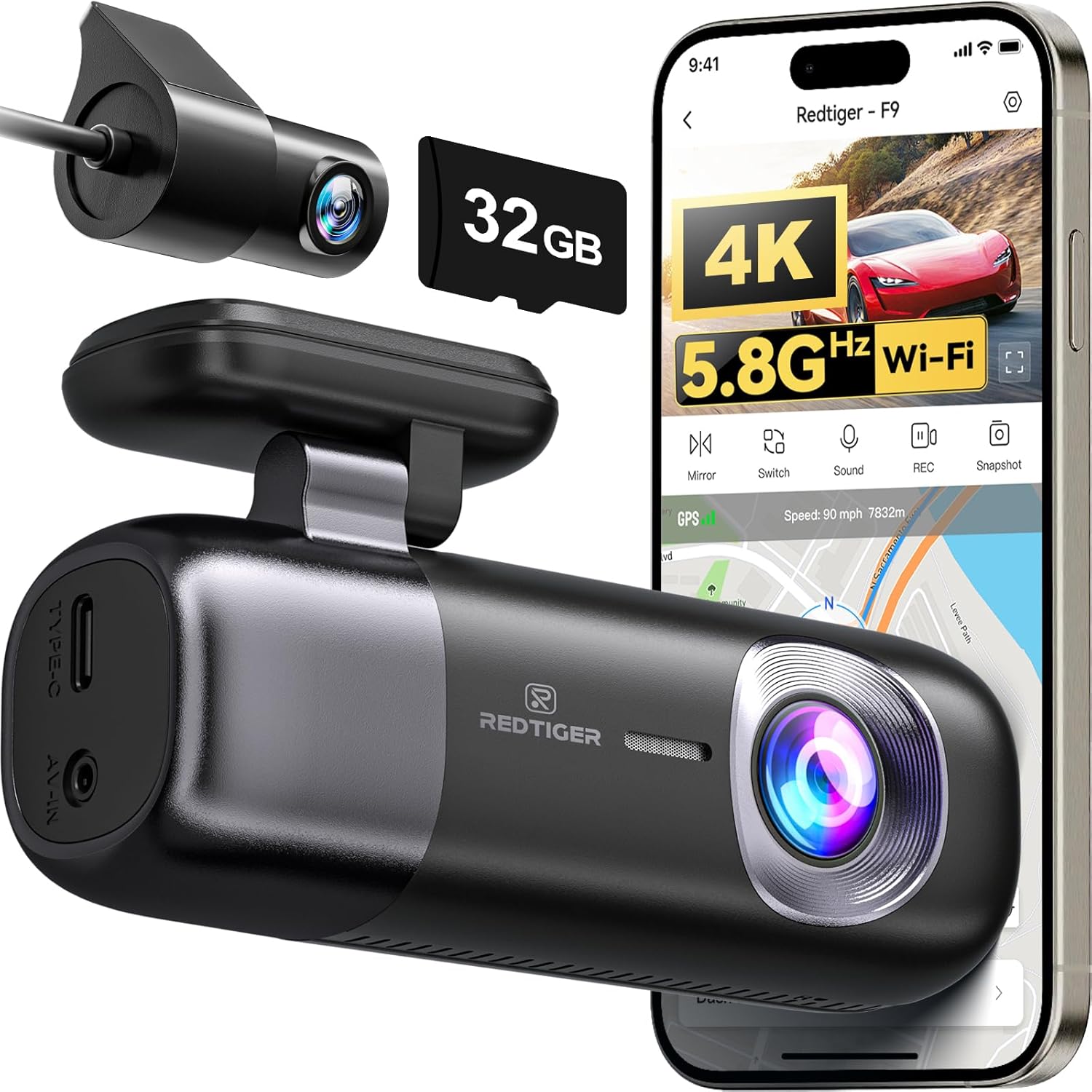 REDTIGER F9 4K Dual Dash Cam with WiFi GPS & 32GB Card