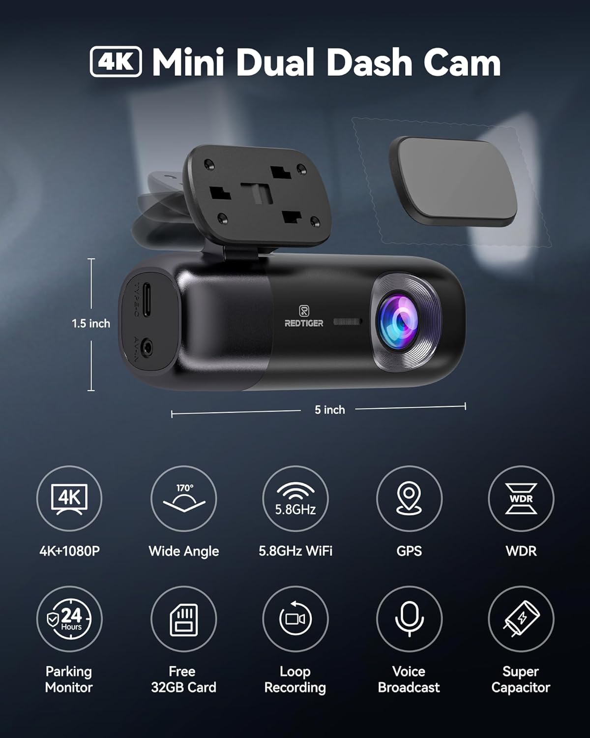 REDTIGER F9 4K Dual Dash Cam with WiFi GPS & 32GB Card
