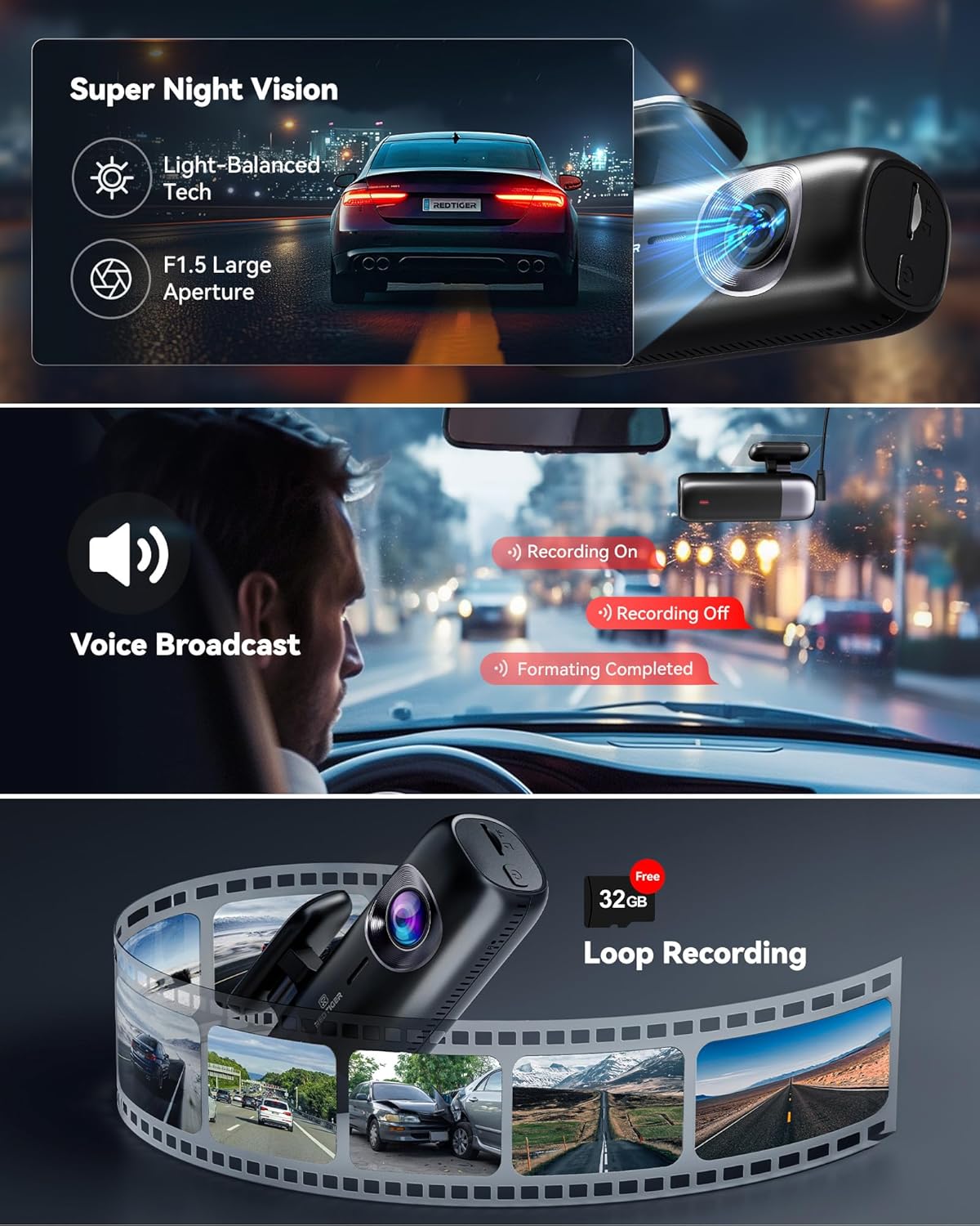 REDTIGER F9 4K WiFi GPS Dual Dash Cam with 32GB Card