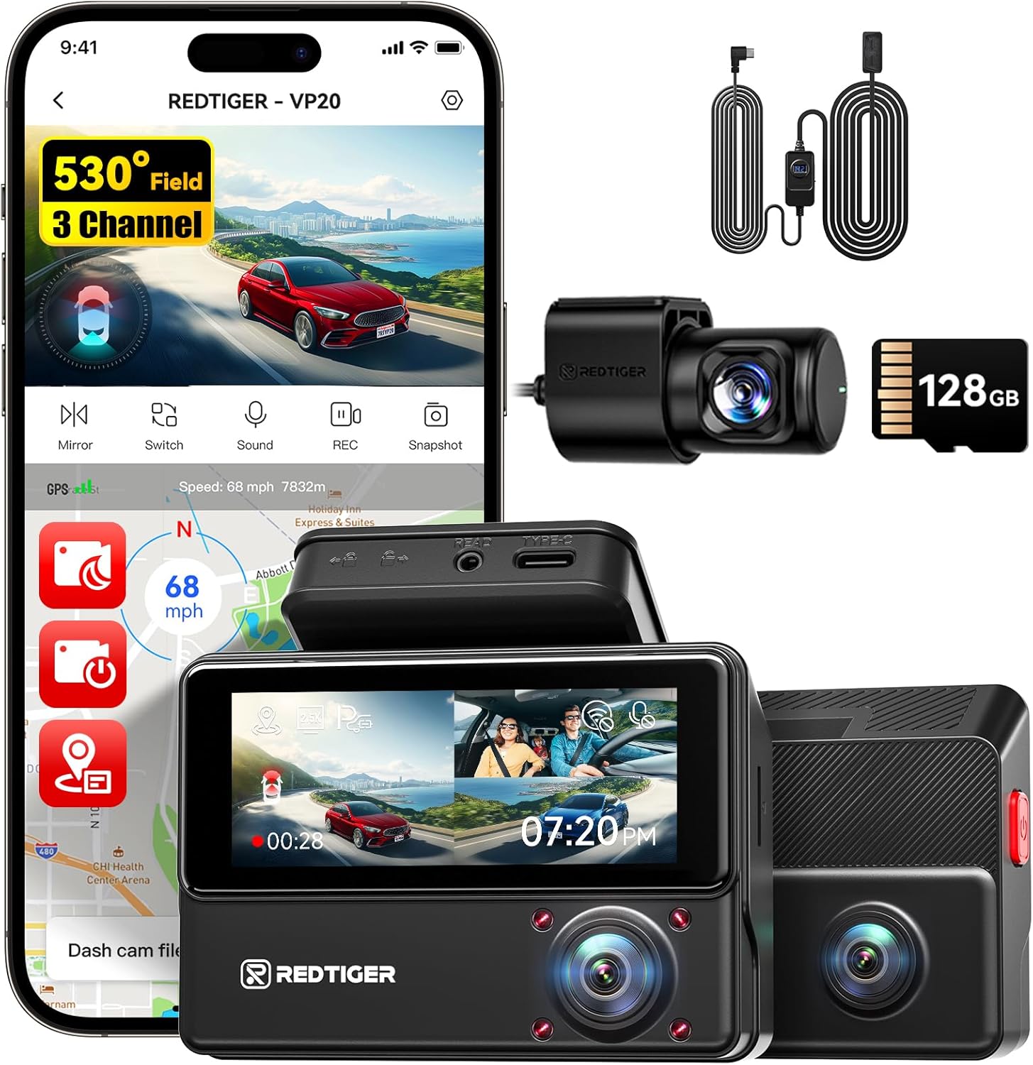 REDTIGER VP20 Dash Cam 3 Channel 2.5K Triple Car Camera