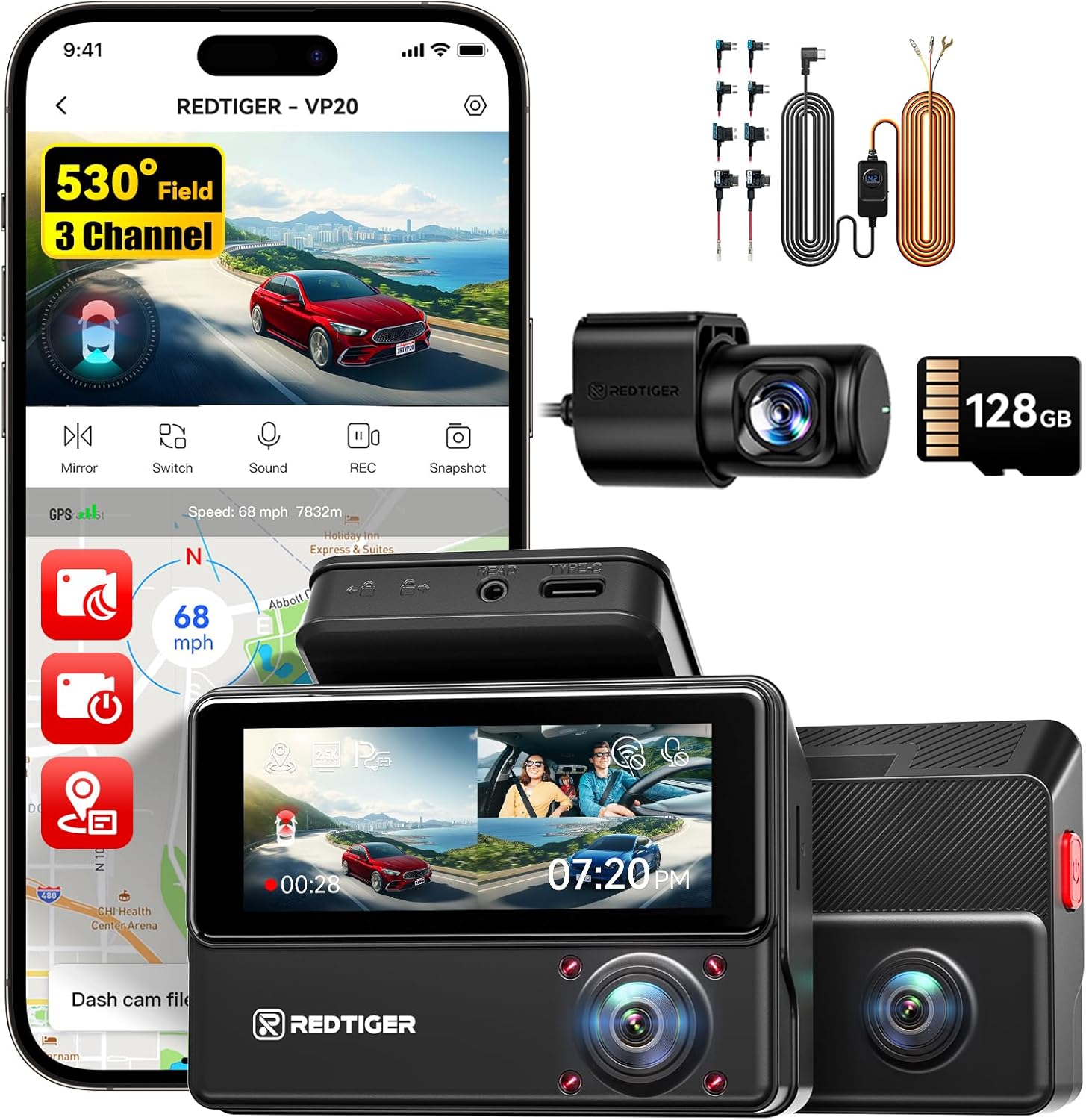 REDTIGER VP20 Triple Dash Cam 530° 2.5K Front Inside Rear